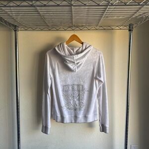 BCBG white zip up hoodie embroidered logo lightweight fitted zip front cozy casu